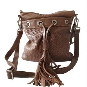 Roots Canada French Tassel Tribe Brown Embossed Woven Bag